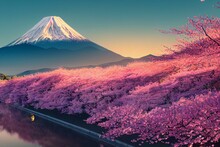 Cherry Blossoms Or Sakura With A Bumblebee And Mountain Fuji At The River In The Morning. Generative AI