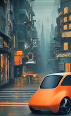 Futuristic downtown zone with misty street and a small orange city car. Generative AI cartoon style illustration. 