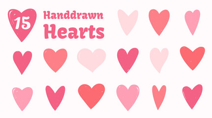 Sticker - Set of 15 hand drawn red and pink hearts