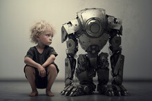 Human Child And Child Robot Together, Generative AI