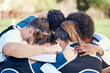 Cheerleaders, sports teamwork or people in huddle with support, hope or faith on field in game together. Mission, strategy or group of cheerleading young athlete with motivation, goals or solidarity