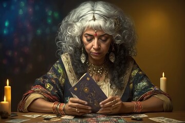 portrait of a female mature psychic with a burning candle reading tarot. Generative AI