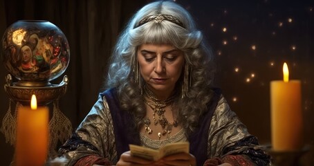 portrait of a female mature psychic with a burning candle reading tarot. Generative AI