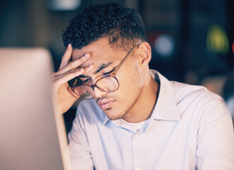 Poster - Tired business man, headache and night stress, depressed or burnout, thinking and working on office computer. Focus problem, exhausted and mental health of corporate person or professional on desktop