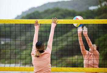 Sticker - Volleyball, beach and training with sports women playing a game outdoor for competition in summer. Team, sport and ball with female friends on the sand by the coast to play a competitive match