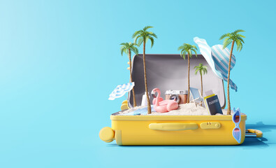 creative summer beach composition in suitcase on blue background. travel concept idea. 3d rendering