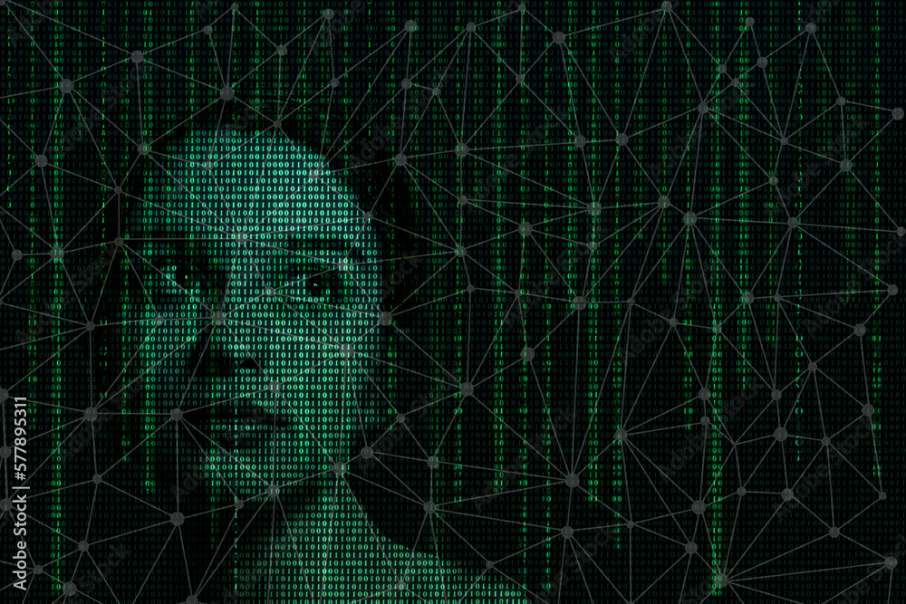Female face with matrix digital numbers artifical intelligence AI theme ...