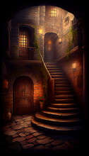 Set Stairs Leading Up Building Fantasy Art Spell Icon Cellar Soft Home Open Window Night Noble Mansion Doorway, Generative Ai
