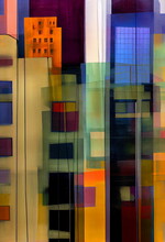 Painting City Tall Buildings Nonlinear Digital Interconnections Abstract Facades Oil Canvas Back Alley Desaturated Colors Painted Silk House Windows, Generative Ai