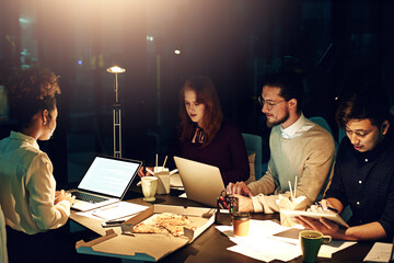 Poster - Business people, laptop and mockup screen at night for team planning, project deadline or strategy at office. Group of employee workers busy working overtime or late evening together on computer