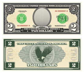 Vector gray banknote obverse and green reverse. Denomination two US dollars. Empty oval, eagle and guilloche frame. American paper fiction money.