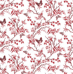 Poster - Seamless botanical flowers, butterfly pattern, floral print.