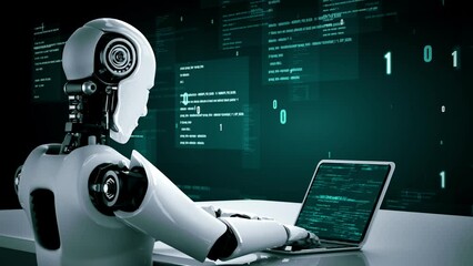 Futuristic robot artificial intelligence huminoid AI programming coding technology development and machine learning concept. Robotic bionic science research for future of human life. 3D rendering.