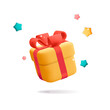 © Lera - 3d vector plastic cartoon render flying yellow square closed present gift box with red ribbon bow  and stars explosion icon design