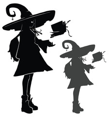 The black silhouette of a cute beautiful witch girl in a pointed wiggling hat, a tulip dress with a bag and funny shoes on her feet, she holds a magic book with pads in zero gravity. 2d anime art