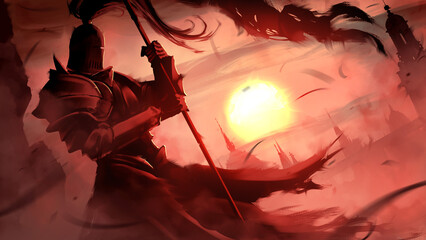 A dramatic silhouette of a knight in plate armor against bright scarlet sunset with a yellow sun illuminating a medieval fantasy stalitsa, he leans on a torn flag praying for the morning. 2d art