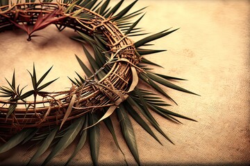 Wall Mural - Crown of Thorns and Palm on Burlap: Good Friday & Palm Sunday. Photo generative AI