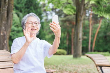 Sticker - 公園でスマホを使う高齢者女性（アプリ・操作・検索）
