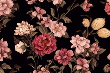 Vintage Bouquet Of Beautiful Flowers On Black. Floral Background. Baroque Old Fashiones Style. Natural Pattern Wallpaper Or Greeting Card. Generative AI