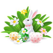 Easter Bunny Hold Colored Eggs, Sitting In The Spring Grass With Daisy Flowers. Trendy Conceptual Design For Easter Greeting Or Egg Hunt Party. Vector 3d Realistic Illustration EPS10