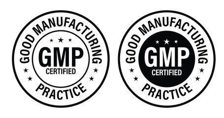 GMP certified, good manufacturing practice vector icon, black in color