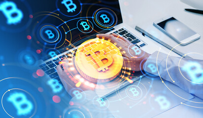Poster - Man hands typing on laptop, cryptocurrency interface