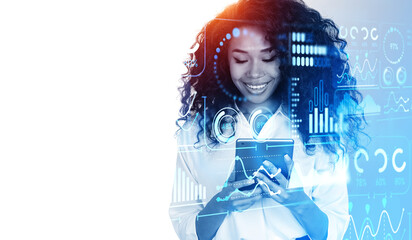 Poster - smiling african businesswoman using tablet, kpi and statistics.