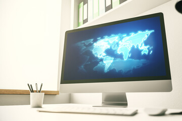 Fototapete - Abstract creative world map on modern laptop screen, international trading concept. 3D Rendering