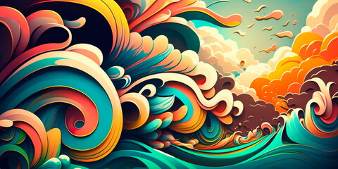 Bold psychedelic waves on a bright background Generative AI