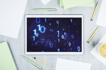 Aufkleber - Top view of modern digital tablet monitor with creative abstract binary code hologram. Database and programming concept. 3D Rendering