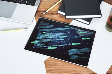 Leinwandbilder - Top view of modern digital tablet display with abstract software development hologram, research and analytics concept. 3D Rendering