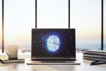 Poster - Modern computer screen with creative fingerprint hologram, personal biometric data concept. 3D Rendering