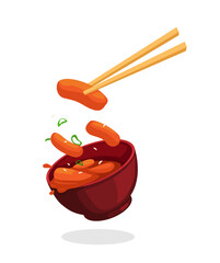 Wall Mural - Tteokbokki bowl and chopstick korean street food symbol cartoon illustration vector