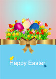 Fototapeta  - easter composition with lettering, easter eggs and colorful flowers