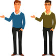 cartoon illustration of a friendly young man in sweater, gesturing