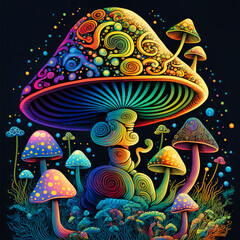 Magical mashroom in fantasy enchanted fairy tale forest with lots of brighness and lighting. Trippy mashroom cats psychodelic. Generative Ai