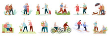 Collection Of Cute Funny Active Elderly Couples Concept. Set Of Healthy Activities For Seniors Exercising, Jogging, Hiking, Cycling, Walking The Dog, Dancing. Flat Cartoon Vector Illustration