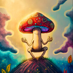 Magical mashroom in fantasy enchanted fairy tale forest with lots of brighness and lighting. Trippy mashroom cats psychodelic. Generative Ai