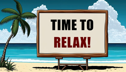 Time to relax on billboard on the beach with sea, coconut tree and sky as background. Cartoon style illustration. Encourage anyone to take a break and relax. Digital illustration generative AI.