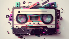 Audio Tape On White Background In Rainbow Colors, 80-90s Style, Retro Style, Nostalgia