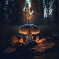 Magical mashroom in fantasy enchanted fairy tale forest with lots of brighness and lighting. Trippy mashroom psychodelic. Generative Ai