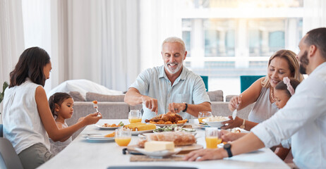 Family, breakfast and food with a senior man eating during a visit from his children and grandchildren at home. Kids, love and celebration with parents and girl siblings enjoying a meal together