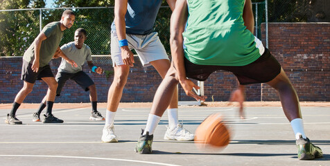 Canvas Print - Basketball, team and fitness game outdoor training in a workout competition with teamwork. Cardio, sports and athlete group on a basketball court with goal exercise collaboration and challenge