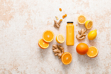 Sticker - Smoothie. Healthy fresh raw detox citrus smoothie with orange, lemon, ginger and turmeric in a glass bottles on a table. Healthy diet vegan food full of antioxidants