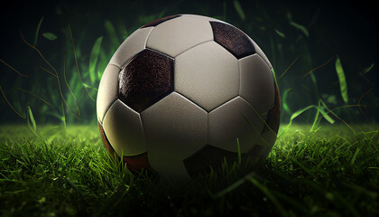 closeup of realistic soccer ball on grass with blurred stadium background, Generative AI