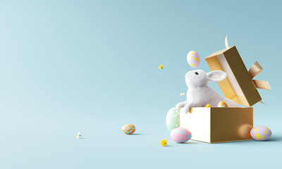 Wall Mural - Happy Easter day, Bunny in the golden gift box with eggs. 3d rendering