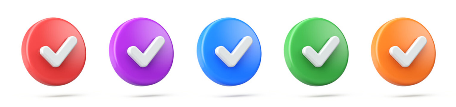 3d check mark button icons in different colors - Right, acceptance, approve concept. 3d rendering