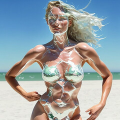 Generative AI: Illustration of a futuristic blond woman with a liquid silver bikini on. 