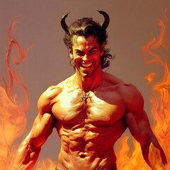 Generative AI: Illustration of a sexy bodybuilding devil laughing in hell.  