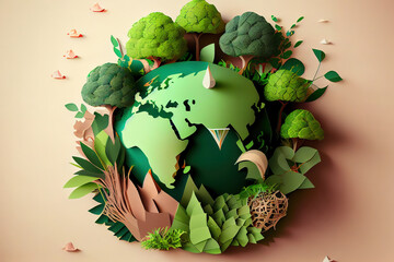 Wall Mural - World environment and earth day concept with globe and eco friendly enviroment-paper art. Generative Ai